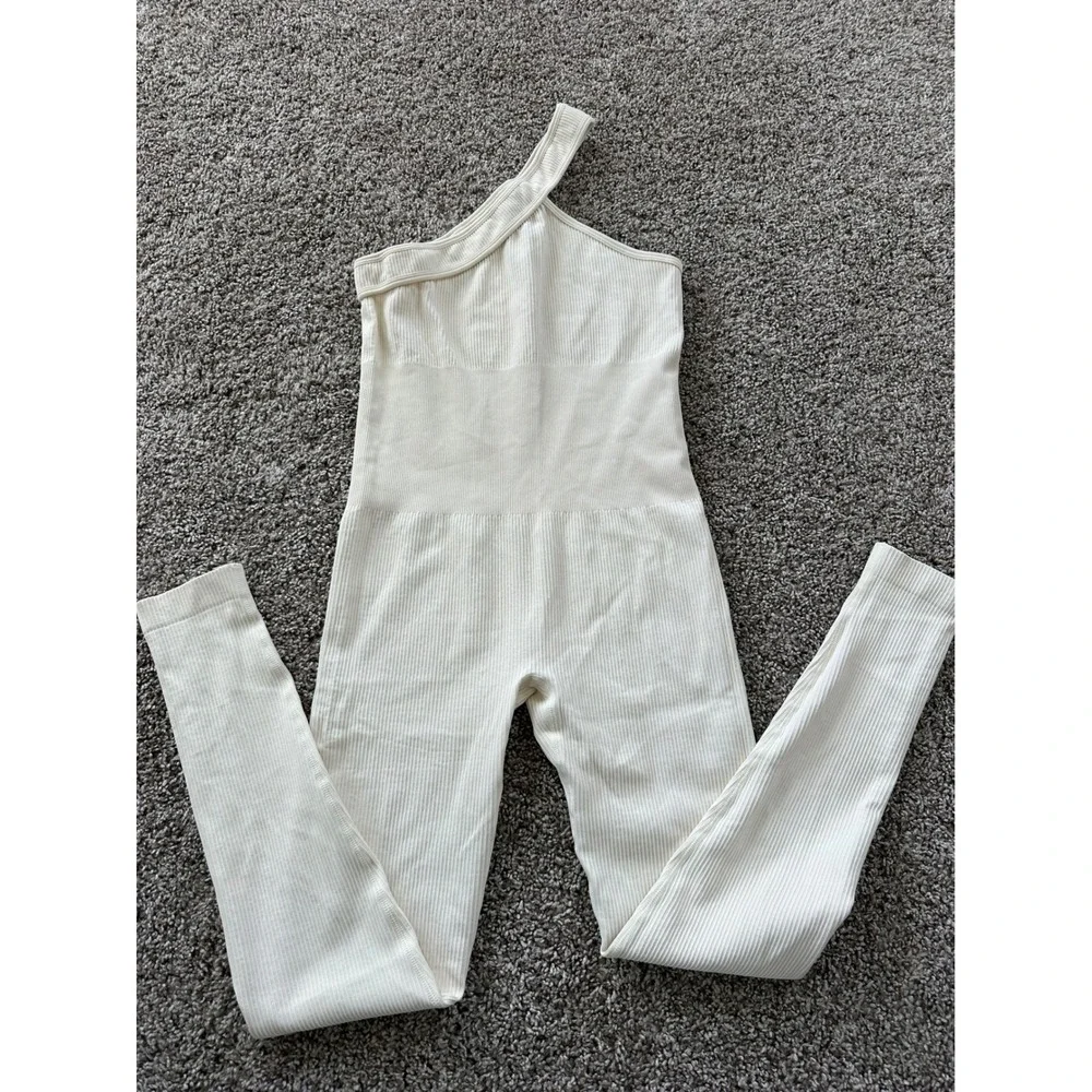 Ribbed One Shoulder Jumpsuit Bodysuit Romper Sleeveless Casual‎ Comfy M - Picture 3 of 5